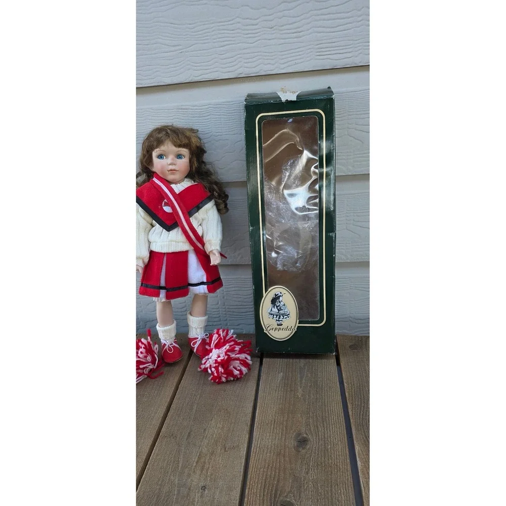 Geppeddo Porcelain Collector Doll Brunette Cheerleader Red White Uniform 16 inch